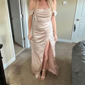 BRAND NEW Champagne satin dress w/ slit Size Medium